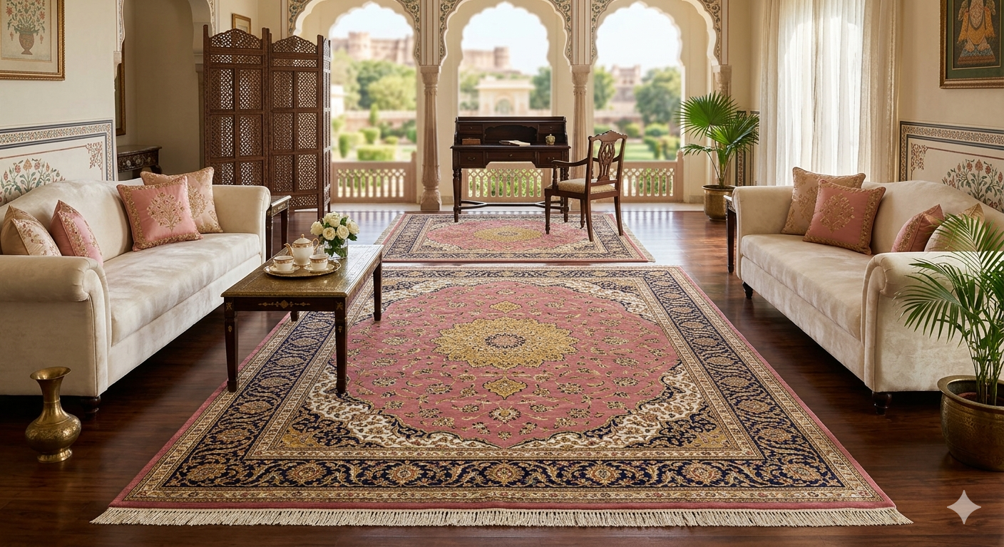 Hand-knotted silk rug in blush